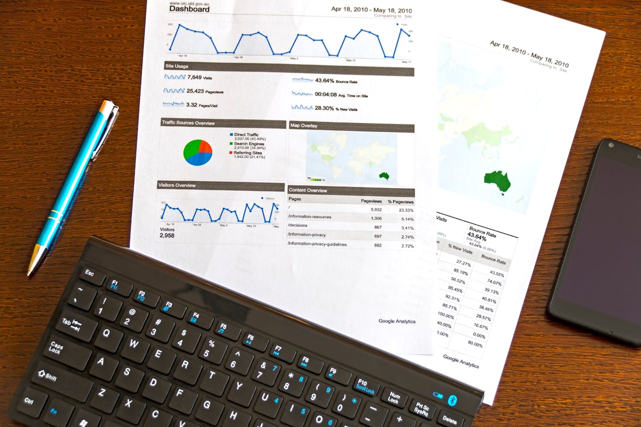gallery-02 Flatlay of a business analytics report, keyboard, pen, and smartphone on a wooden desk.